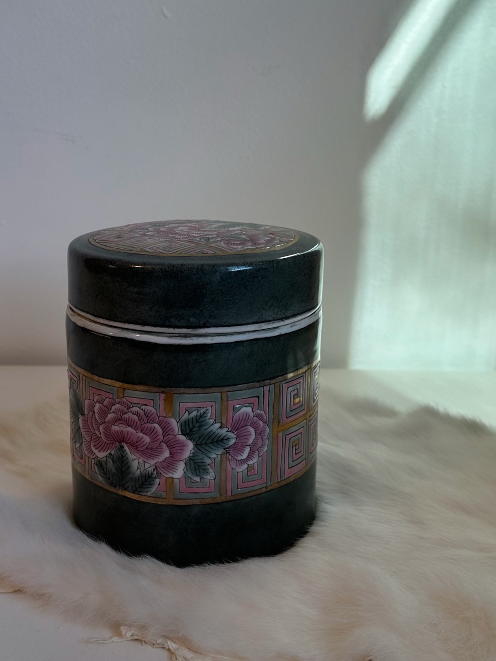 Dark Green & Pink Ceramic Floral Ginger Jar with Lid